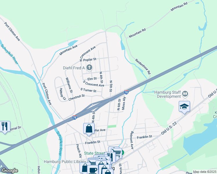 map of restaurants, bars, coffee shops, grocery stores, and more near 545 North 5th Street in Hamburg