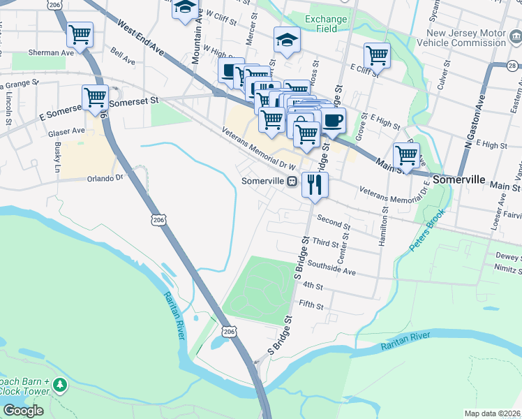 map of restaurants, bars, coffee shops, grocery stores, and more near 1042 Station Road in Somerville