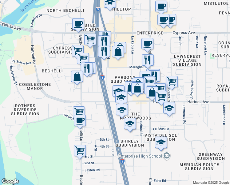 map of restaurants, bars, coffee shops, grocery stores, and more near 750 Hartnell Avenue in Redding