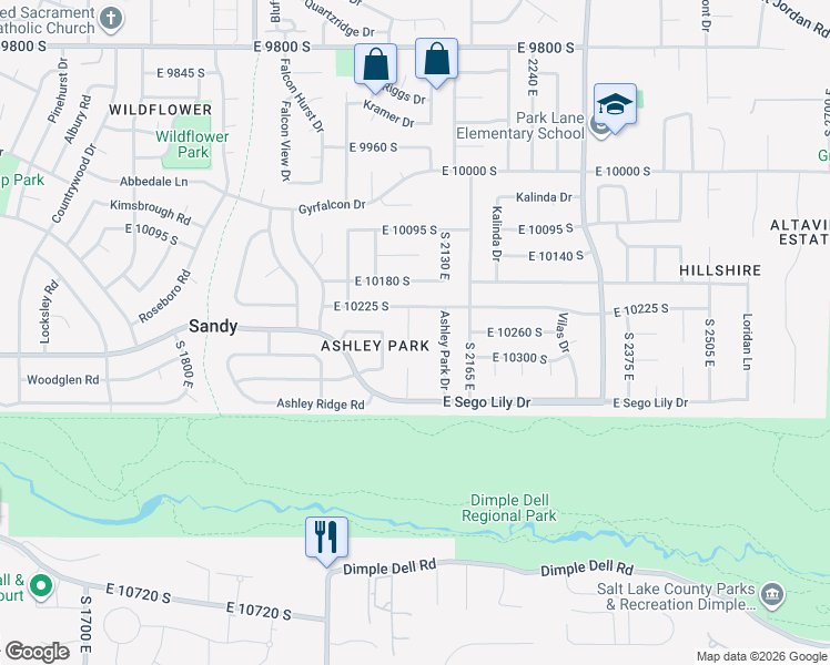map of restaurants, bars, coffee shops, grocery stores, and more near 10257 Ashley Hills Circle in Sandy