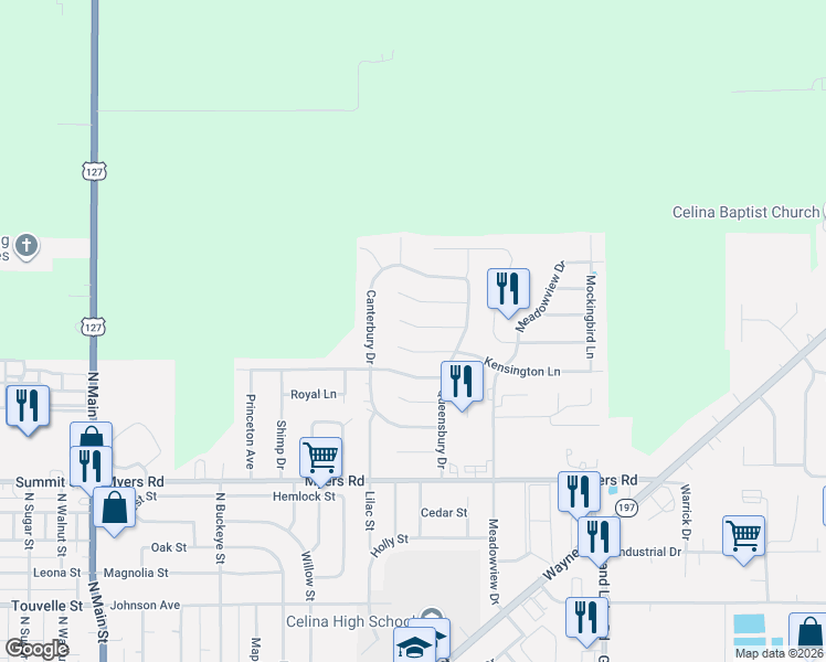 map of restaurants, bars, coffee shops, grocery stores, and more near 805 Kensington Lane in Celina