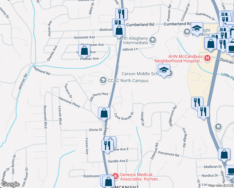 map of restaurants, bars, coffee shops, grocery stores, and more near 8733 Prescott Drive in Pittsburgh