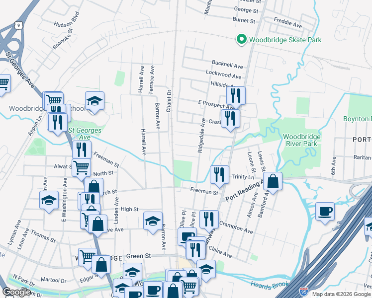 map of restaurants, bars, coffee shops, grocery stores, and more near 146 Carroll Avenue in Woodbridge Township