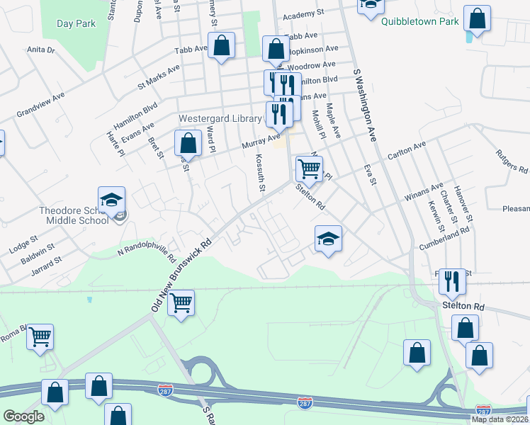 map of restaurants, bars, coffee shops, grocery stores, and more near 47 Old New Brunswick Road in Piscataway