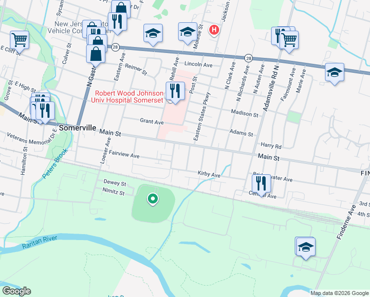 map of restaurants, bars, coffee shops, grocery stores, and more near 382 East Main Street in Somerville