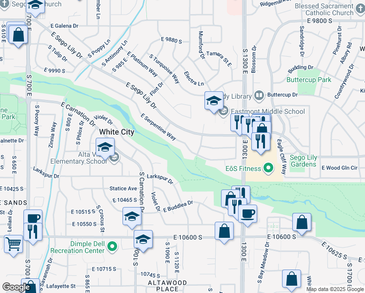 map of restaurants, bars, coffee shops, grocery stores, and more near 1150 East Serpentine Way in Sandy