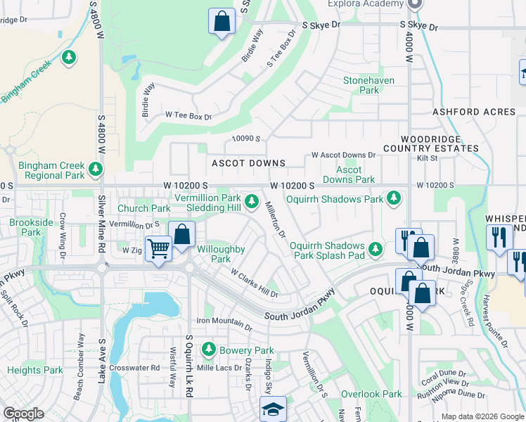 map of restaurants, bars, coffee shops, grocery stores, and more near 4399 Vermillion Drive South in South Jordan