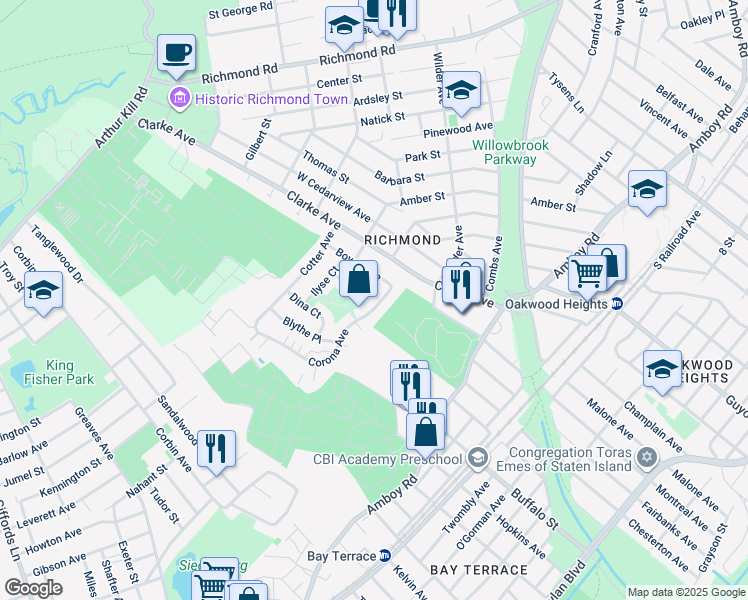 map of restaurants, bars, coffee shops, grocery stores, and more near 53 Corona Avenue in Staten Island