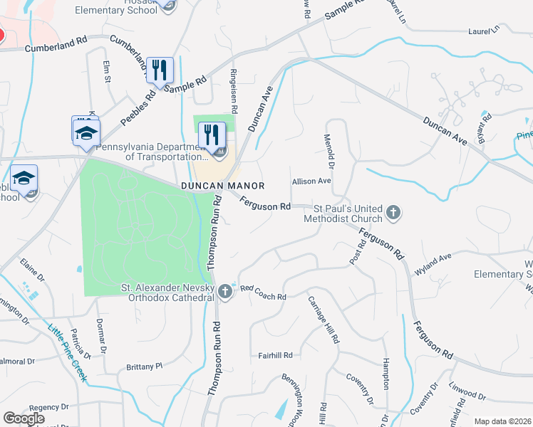 map of restaurants, bars, coffee shops, grocery stores, and more near 1817 Foxcroft Lane in McCandless