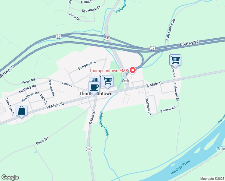 map of restaurants, bars, coffee shops, grocery stores, and more near 125 East Main Street in Thompsontown