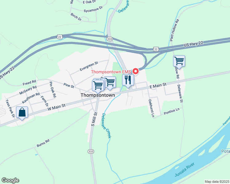 map of restaurants, bars, coffee shops, grocery stores, and more near 125 East Main Street in Thompsontown