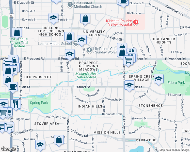 map of restaurants, bars, coffee shops, grocery stores, and more near 1700 Brookhaven Circle East in Fort Collins