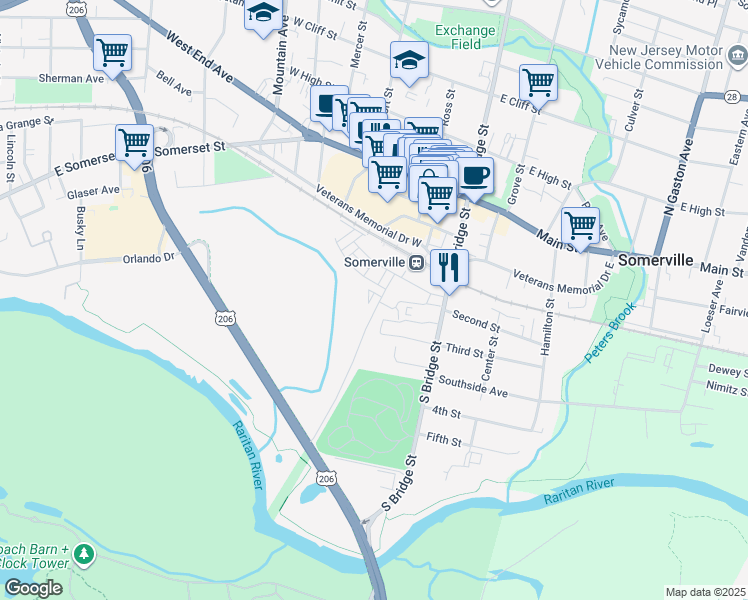 map of restaurants, bars, coffee shops, grocery stores, and more near 1042 Station Road in Somerville