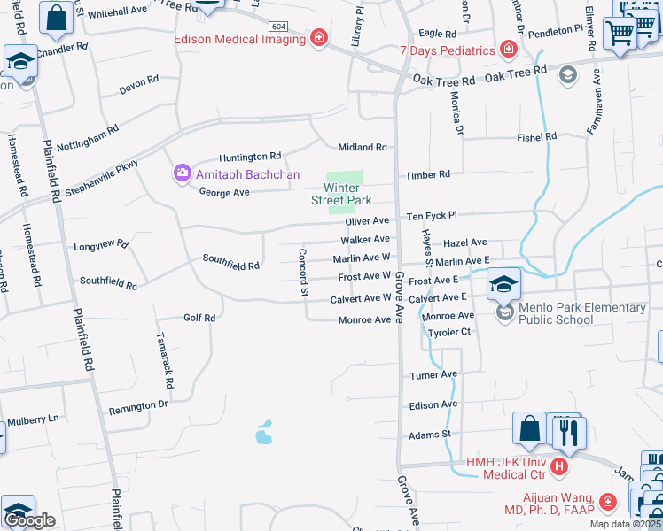map of restaurants, bars, coffee shops, grocery stores, and more near 38 Frost Avenue East in Edison