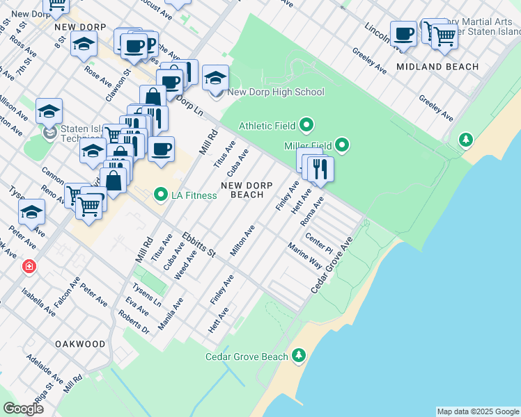 map of restaurants, bars, coffee shops, grocery stores, and more near 99 Milton Avenue in Staten Island