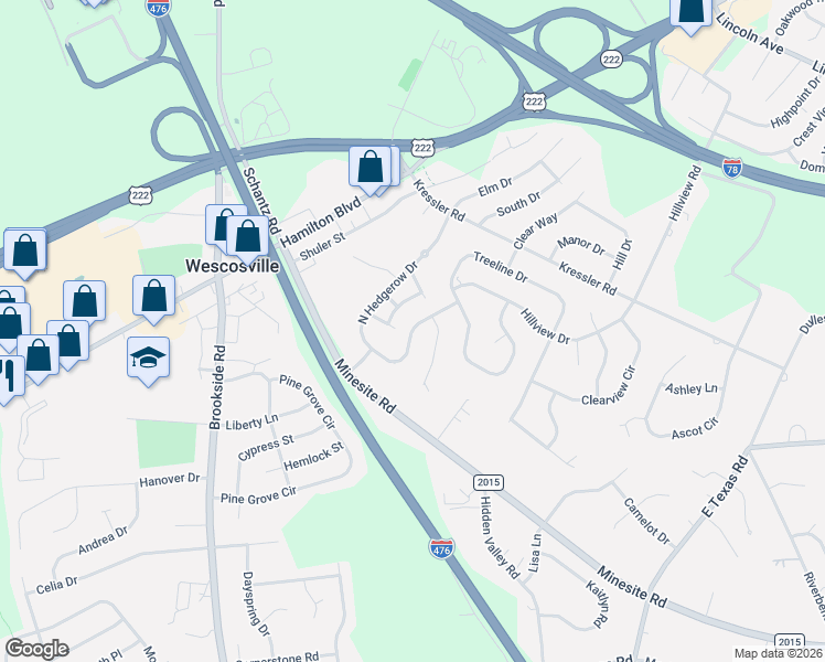 map of restaurants, bars, coffee shops, grocery stores, and more near S Hedgerow Dr in Allentown