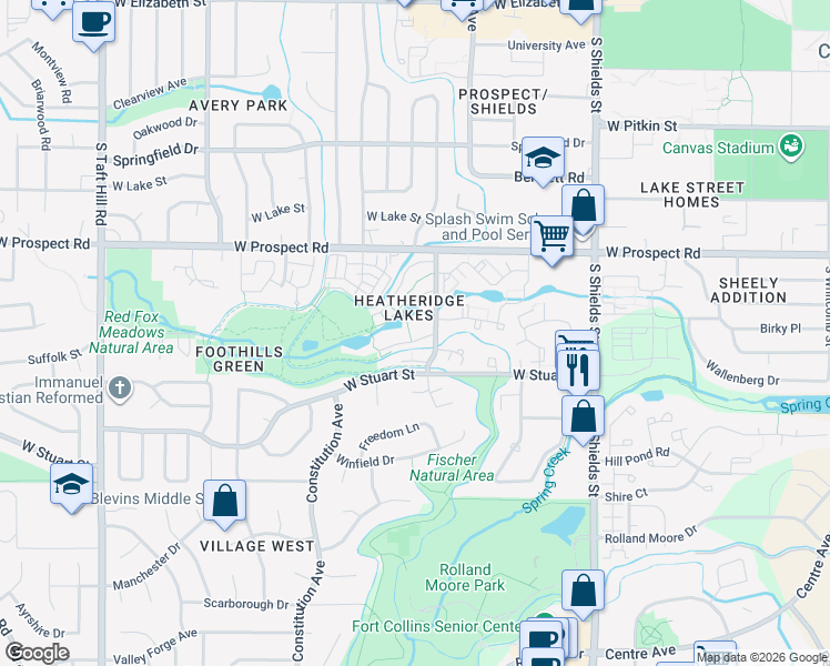 map of restaurants, bars, coffee shops, grocery stores, and more near 1705 Heatheridge Road in Fort Collins