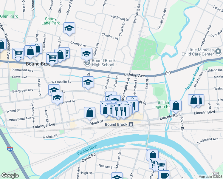 map of restaurants, bars, coffee shops, grocery stores, and more near 13 East High Street in Bound Brook