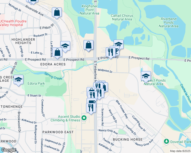 map of restaurants, bars, coffee shops, grocery stores, and more near 1788 South Timberline Road in Fort Collins