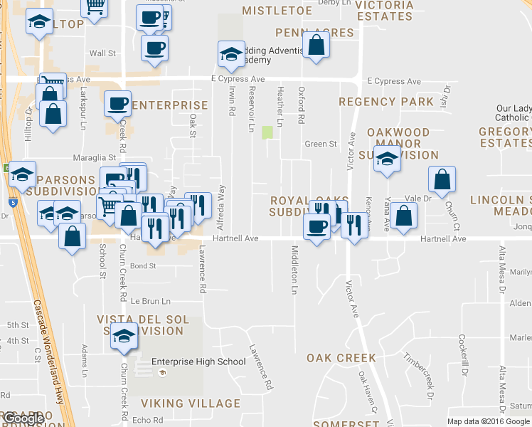 map of restaurants, bars, coffee shops, grocery stores, and more near 2925 Reservoir Lane in Redding