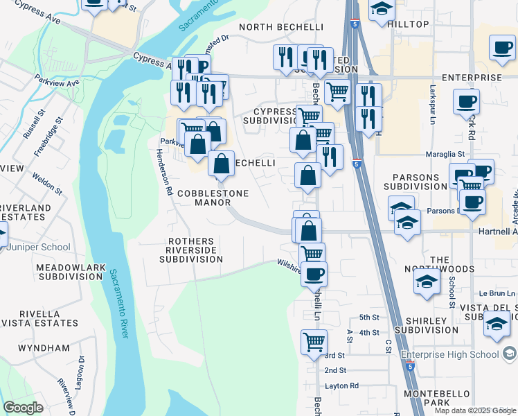 map of restaurants, bars, coffee shops, grocery stores, and more near 351 Hartnell Avenue in Redding