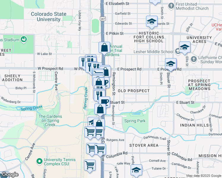 map of restaurants, bars, coffee shops, grocery stores, and more near 1708 South College Avenue in Fort Collins