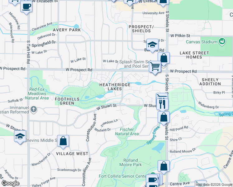 map of restaurants, bars, coffee shops, grocery stores, and more near 1705 Heatheridge Road in Fort Collins