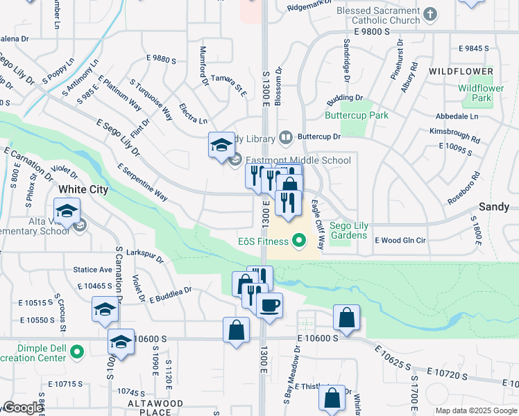map of restaurants, bars, coffee shops, grocery stores, and more near 10277 South 1280 East in Sandy
