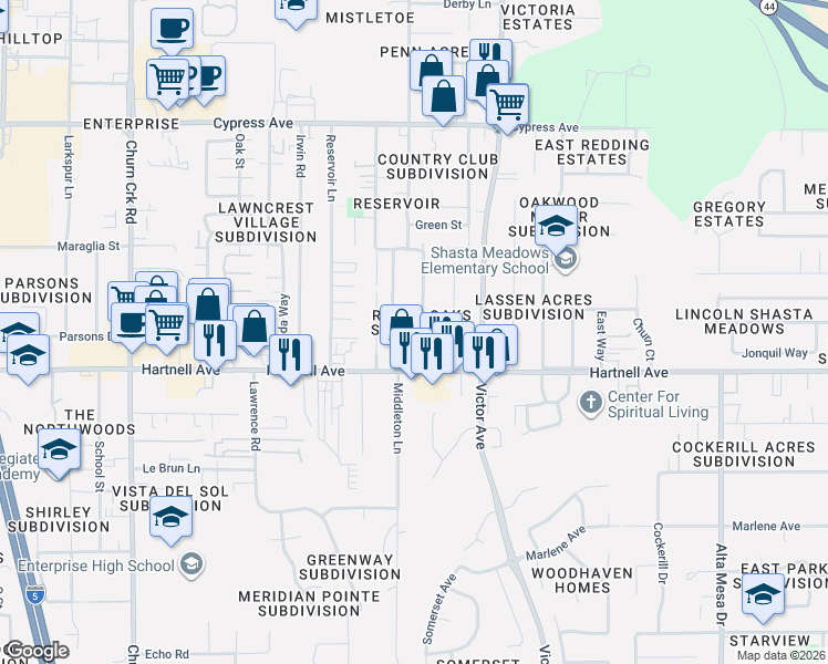 map of restaurants, bars, coffee shops, grocery stores, and more near 2949 Fairway Avenue in Redding