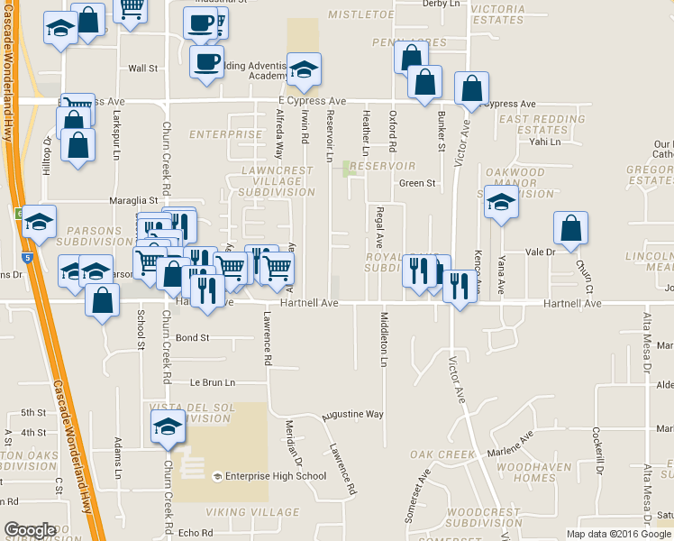 map of restaurants, bars, coffee shops, grocery stores, and more near 2909 Reservoir Lane in Redding