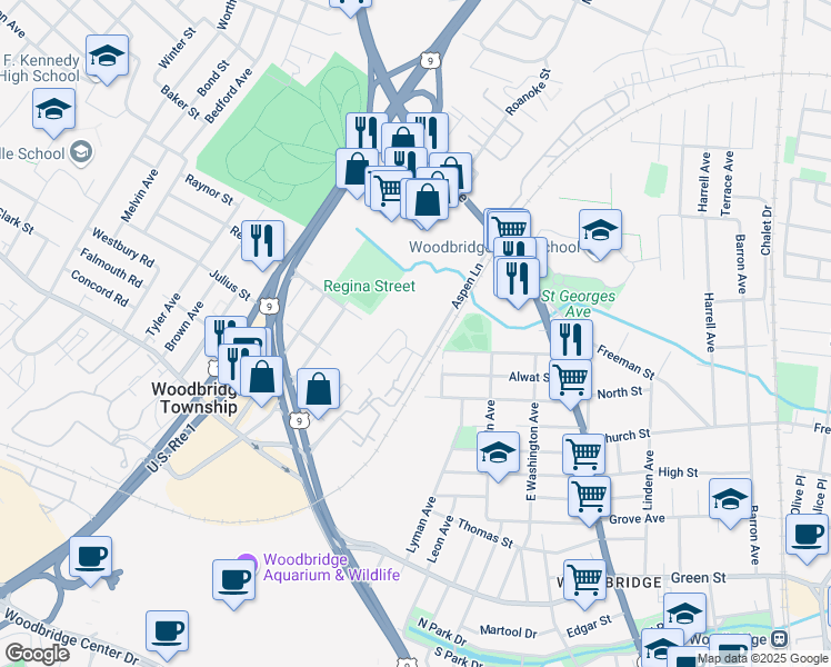 map of restaurants, bars, coffee shops, grocery stores, and more near 183A Sierra Court in Woodbridge Township