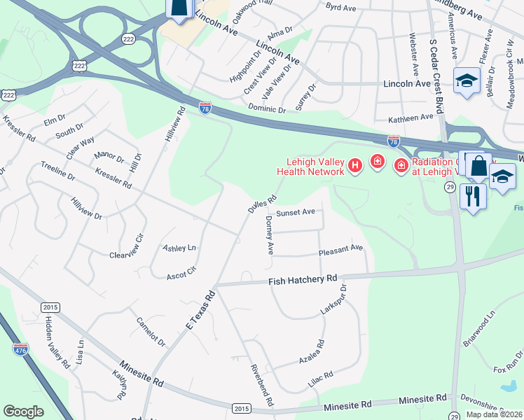 map of restaurants, bars, coffee shops, grocery stores, and more near 3710 Sunset Avenue in Allentown