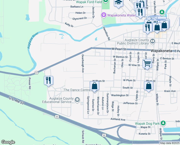 map of restaurants, bars, coffee shops, grocery stores, and more near 606 Dearbaugh Avenue in Wapakoneta