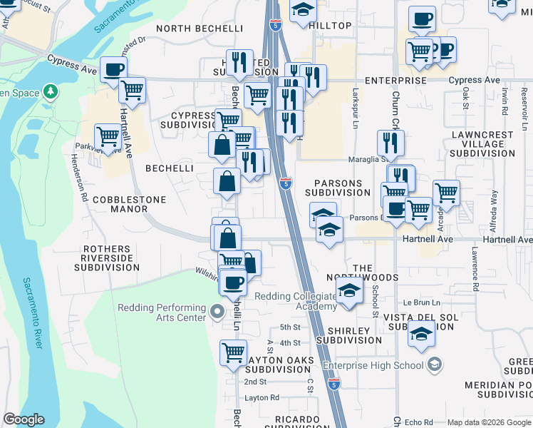 map of restaurants, bars, coffee shops, grocery stores, and more near 602 Parsons Drive in Redding