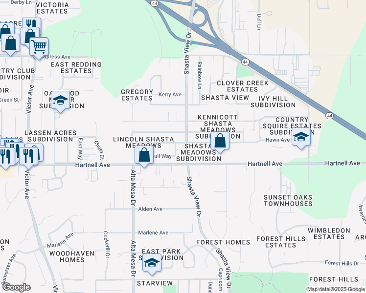 map of restaurants, bars, coffee shops, grocery stores, and more near 2378 Jonquil Way in Redding