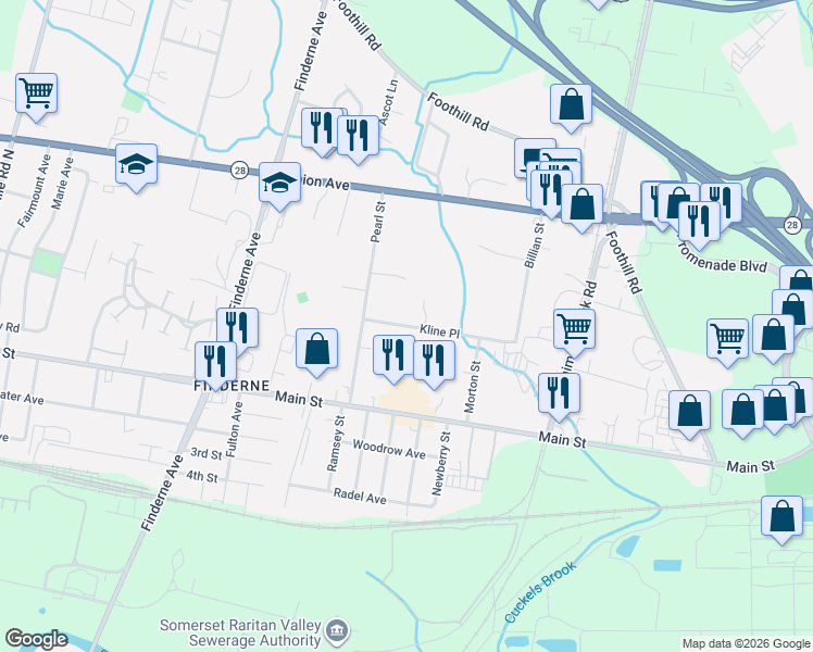 map of restaurants, bars, coffee shops, grocery stores, and more near 688 Kline Place in Bridgewater Township