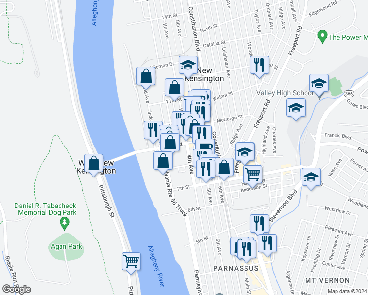 map of restaurants, bars, coffee shops, grocery stores, and more near 819 3rd Avenue in New Kensington