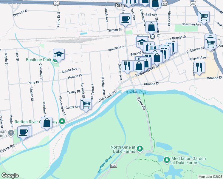 map of restaurants, bars, coffee shops, grocery stores, and more near 816 Old York Rd in Raritan