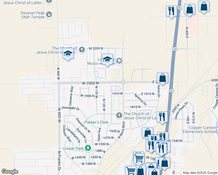 map of restaurants, bars, coffee shops, grocery stores, and more near 83 1970 North in Tooele