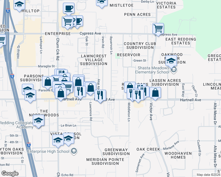 map of restaurants, bars, coffee shops, grocery stores, and more near 2910 Reservoir Lane in Redding