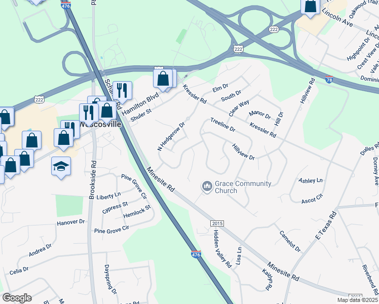 map of restaurants, bars, coffee shops, grocery stores, and more near 4891 S Hedgerow Dr in Allentown
