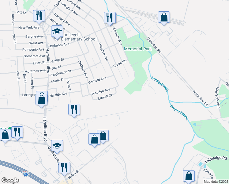 map of restaurants, bars, coffee shops, grocery stores, and more near 174 Zwolak Court in South Plainfield