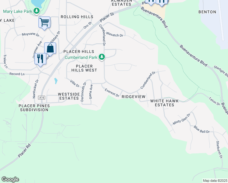 map of restaurants, bars, coffee shops, grocery stores, and more near 2247 Everest Drive in Redding