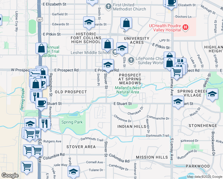 map of restaurants, bars, coffee shops, grocery stores, and more near 715 Parker Street in Fort Collins