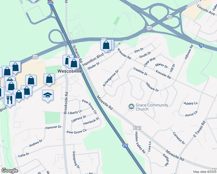 map of restaurants, bars, coffee shops, grocery stores, and more near 4628 North Hedgerow Drive in Allentown