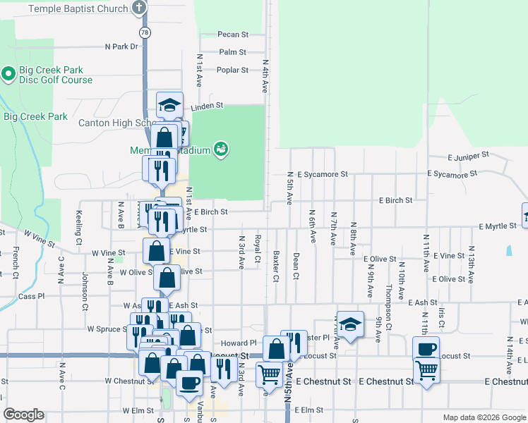 map of restaurants, bars, coffee shops, grocery stores, and more near 701 North 4th Avenue in Canton