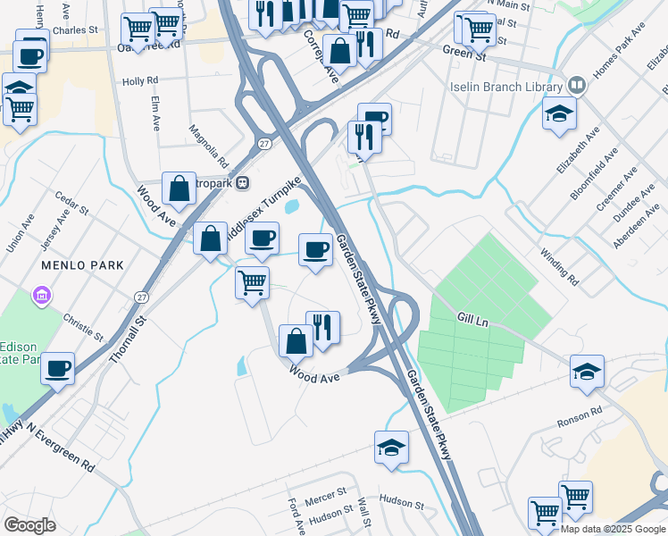 map of restaurants, bars, coffee shops, grocery stores, and more near 99 South Wood Avenue in Woodbridge Township