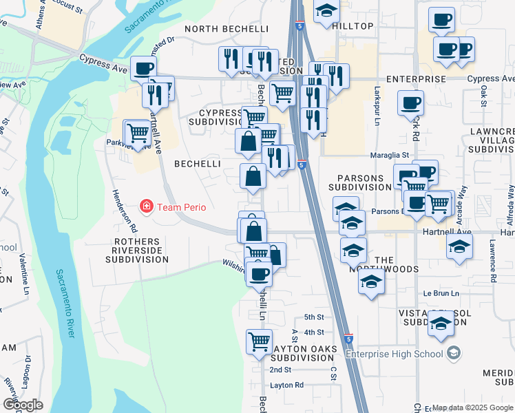 map of restaurants, bars, coffee shops, grocery stores, and more near 2948 Bechelli Lane in Redding