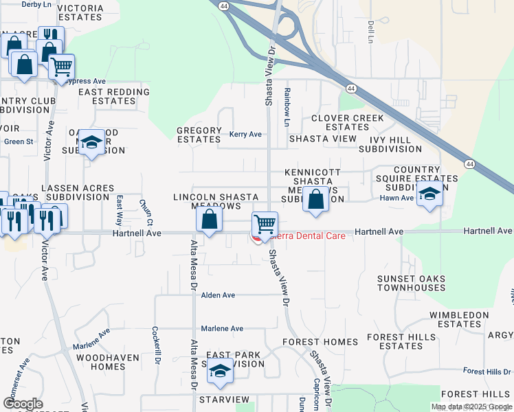 map of restaurants, bars, coffee shops, grocery stores, and more near 2401 Jonquil Way in Redding