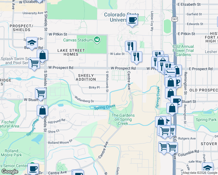 map of restaurants, bars, coffee shops, grocery stores, and more near 1932 Sheely Drive in Fort Collins